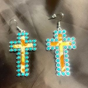 Faux leather cow print cross earrings with turquoise